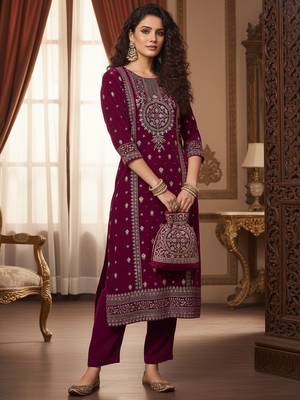 Women Ethnic Motifs Embroidered Regular Thread Work Velvet Kurta with Trousers 5