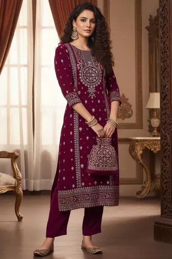 Women Ethnic Motifs Embroidered Regular Thread Work Velvet Kurta with Trousers