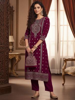 Women Ethnic Motifs Embroidered Regular Thread Work Velvet Kurta with Trousers 6