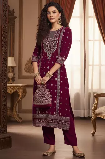 Women Ethnic Motifs Embroidered Regular Thread Work Velvet Kurta with Trousers