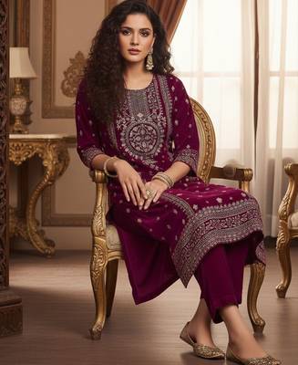Women Ethnic Motifs Embroidered Regular Thread Work Velvet Kurta with Trousers 7
