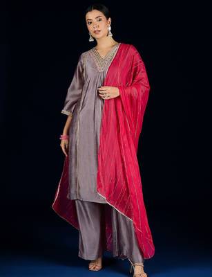 Floral Yoke Design A-Line Kurta With Palazzos & Dupatta 1