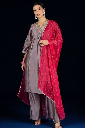 Floral Yoke Design A-Line Kurta With Palazzos & Dupatta