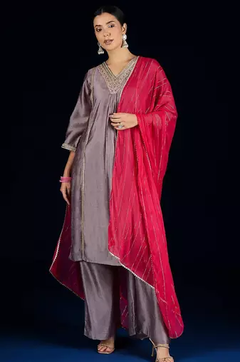 Floral Yoke Design A-Line Kurta With Palazzos & Dupatta
