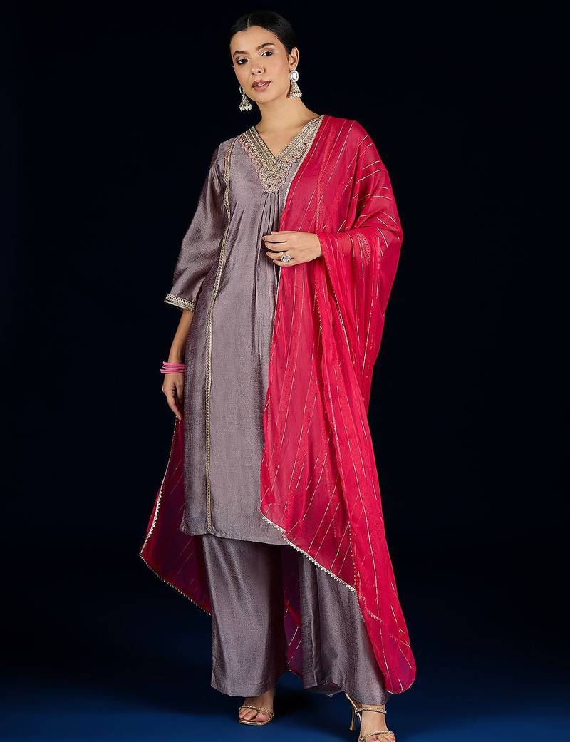 Floral Yoke Design A-Line Kurta With Palazzos & Dupatta