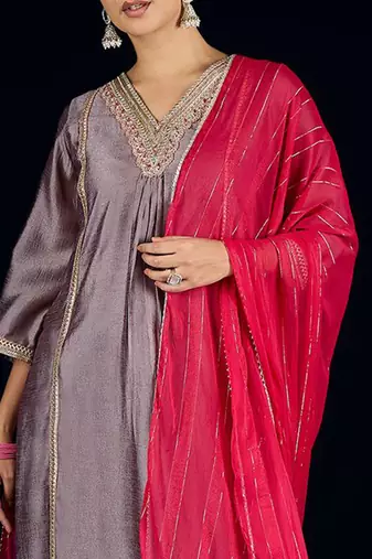 Floral Yoke Design A-Line Kurta With Palazzos & Dupatta