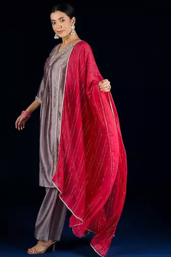 Floral Yoke Design A-Line Kurta With Palazzos & Dupatta