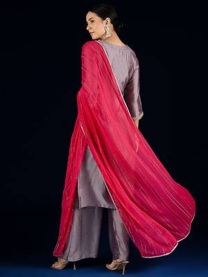Floral Yoke Design A-Line Kurta With Palazzos & Dupatta 4