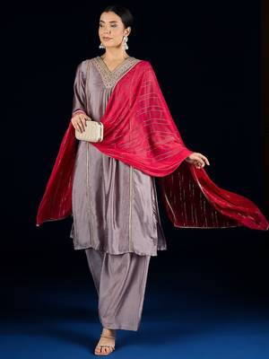 Floral Yoke Design A-Line Kurta With Palazzos & Dupatta 5