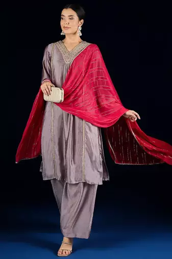 Floral Yoke Design A-Line Kurta With Palazzos & Dupatta