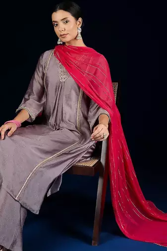 Floral Yoke Design A-Line Kurta With Palazzos & Dupatta