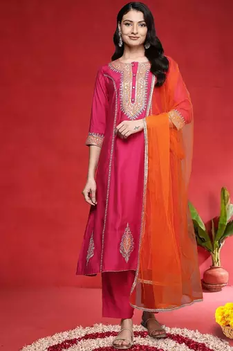 Women Ethnic Motifs Embroidered Kurta with Trouser & Dupatta