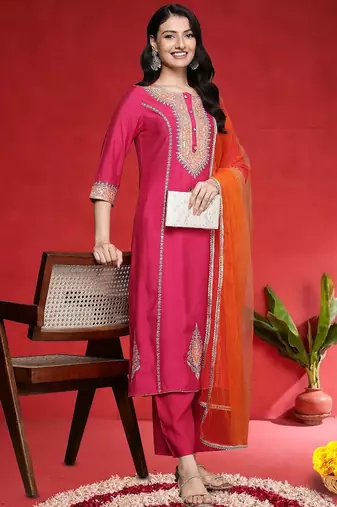 Women Ethnic Motifs Embroidered Kurta with Trouser & Dupatta