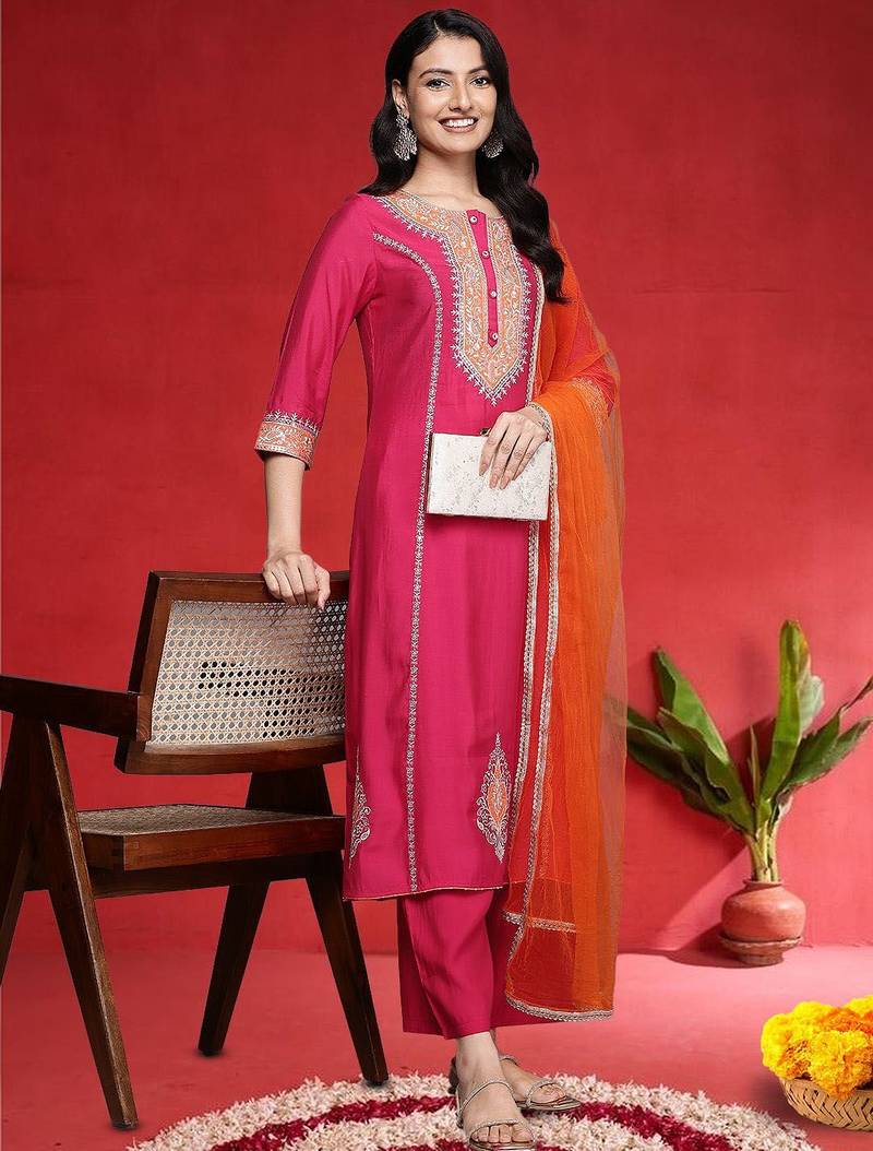 Women Ethnic Motifs Embroidered Kurta with Trouser & Dupatta