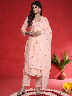 Women Ethnic Motifs Embroidered Pure Cotton A-Line Kurta with Trouser & Dupatta 1