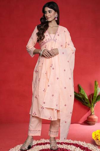 Women Ethnic Motifs Embroidered Pure Cotton A-Line Kurta with Trouser & Dupatta
