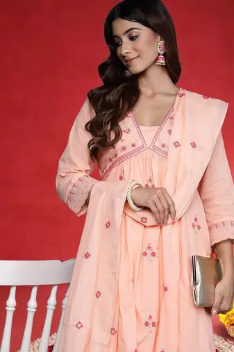 Women Ethnic Motifs Embroidered Pure Cotton A-Line Kurta with Trouser & Dupatta
