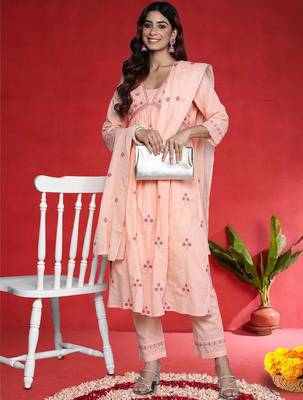 Women Ethnic Motifs Embroidered Pure Cotton A-Line Kurta with Trouser & Dupatta 6