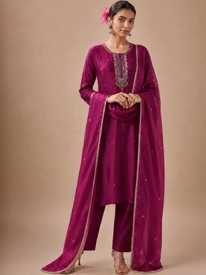 Women Embroidered Regular Beads and Stones Kurta with Trousers & Dupatta 1