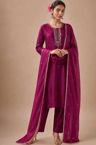 Women Embroidered Regular Beads and Stones Kurta with Trousers & Dupatta