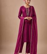 Women Embroidered Regular Beads and Stones Kurta with Trousers & Dupatta