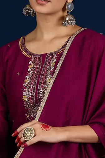 Women Embroidered Regular Beads and Stones Kurta with Trousers & Dupatta