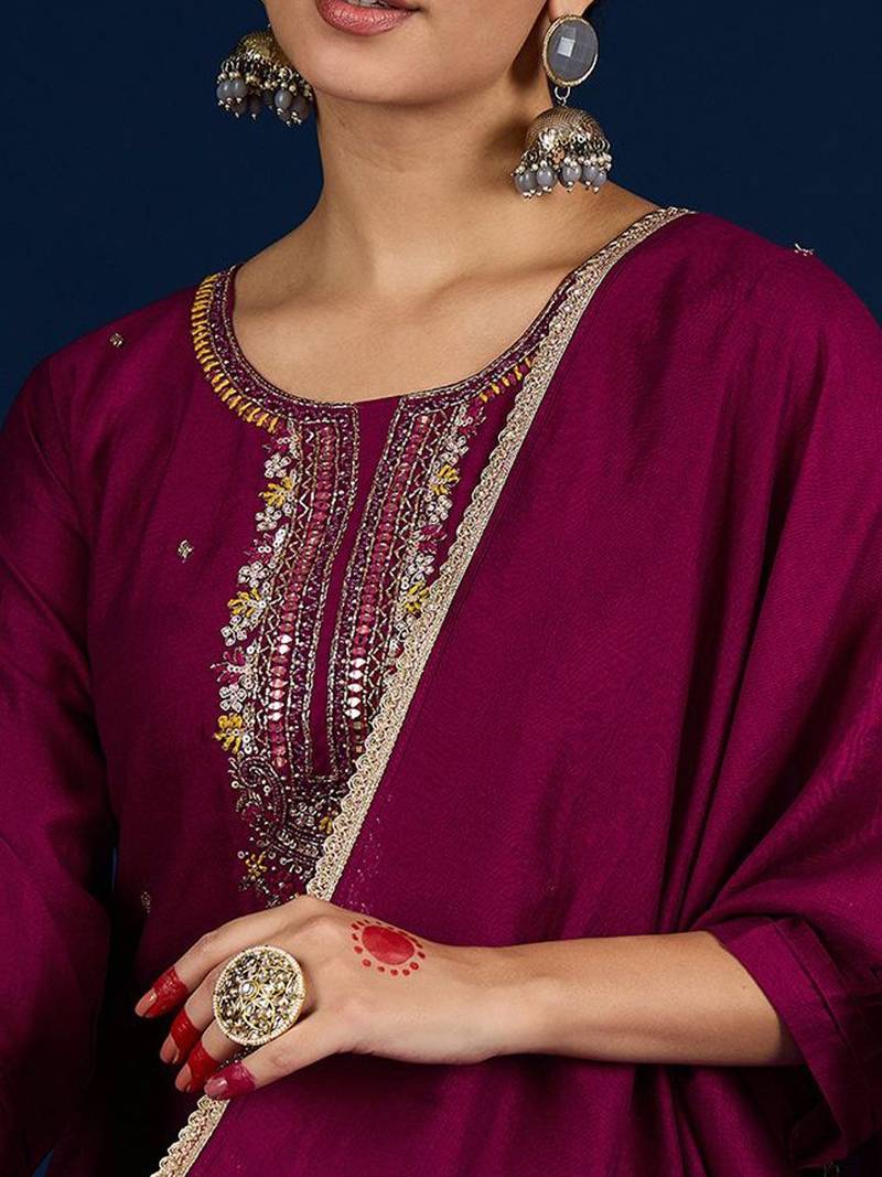 Women Embroidered Regular Beads and Stones Kurta with Trousers & Dupatta