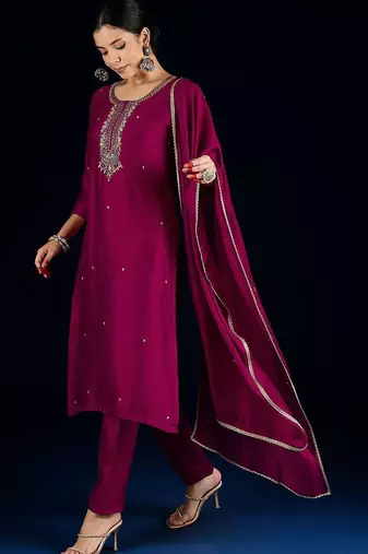 Women Embroidered Regular Beads and Stones Kurta with Trousers & Dupatta
