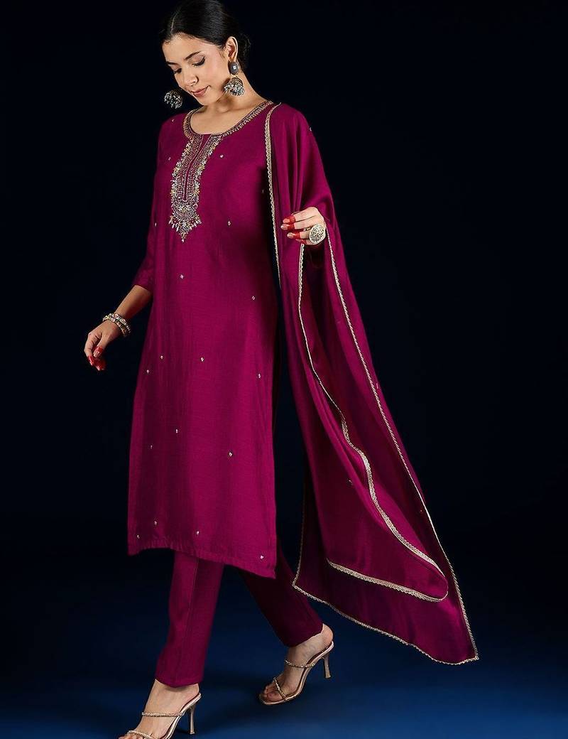 Women Embroidered Regular Beads and Stones Kurta with Trousers & Dupatta