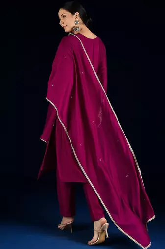 Women Embroidered Regular Beads and Stones Kurta with Trousers & Dupatta