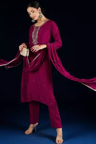 Women Embroidered Regular Beads and Stones Kurta with Trousers & Dupatta
