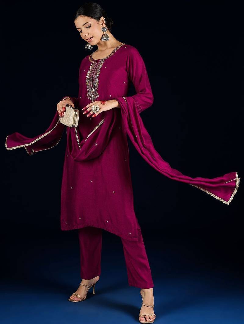Women Embroidered Regular Beads and Stones Kurta with Trousers & Dupatta