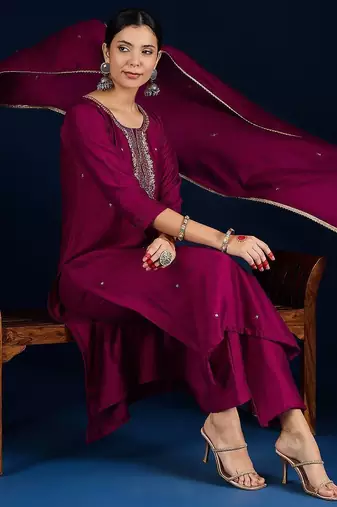 Women Embroidered Regular Beads and Stones Kurta with Trousers & Dupatta