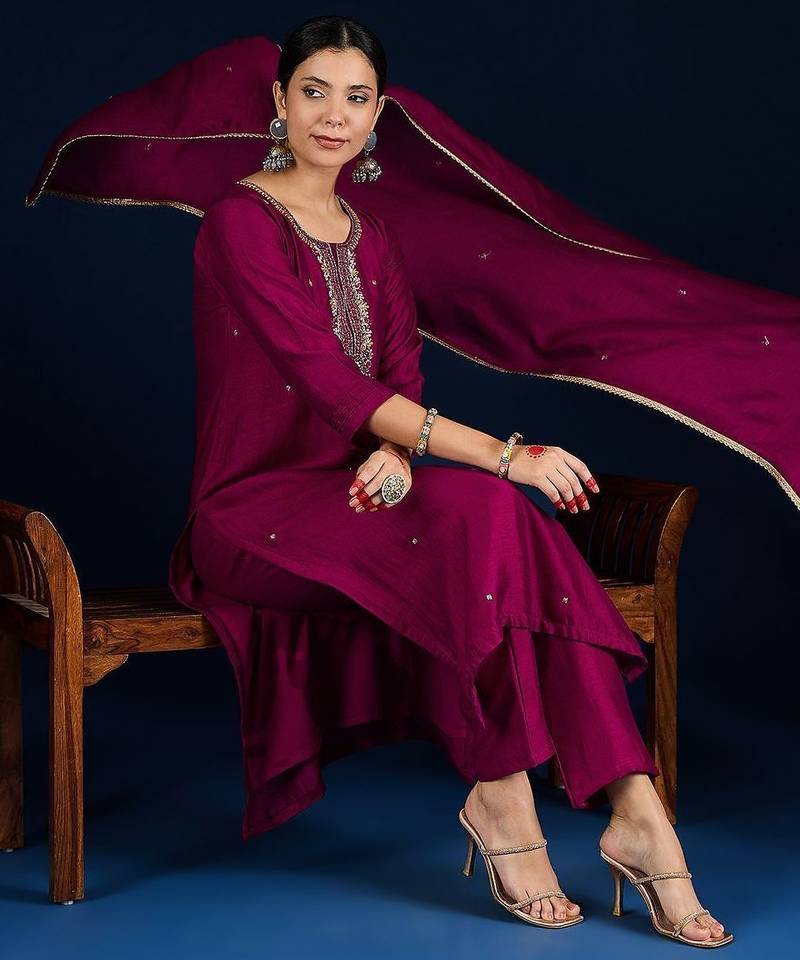 Women Embroidered Regular Beads and Stones Kurta with Trousers & Dupatta