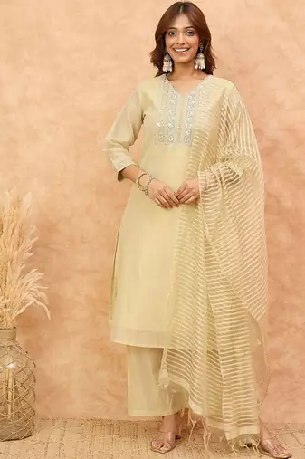 Floral Yoke Design Regular V-Neck Straight Kurta With Trousers And Dupatta