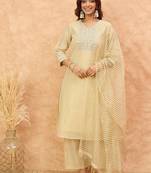 Floral Yoke Design Regular V-Neck Straight Kurta With Trousers And Dupatta