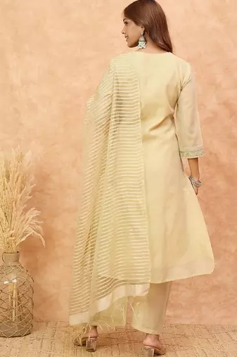 Floral Yoke Design Regular V-Neck Straight Kurta With Trousers And Dupatta