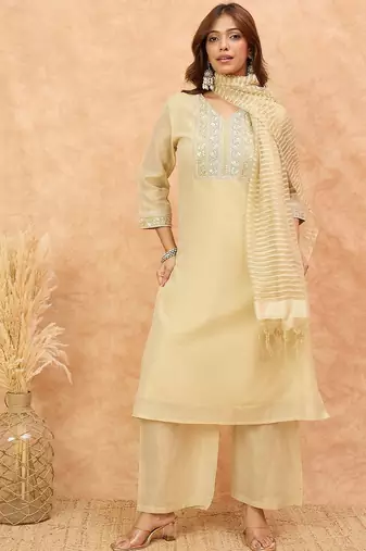 Floral Yoke Design Regular V-Neck Straight Kurta With Trousers And Dupatta
