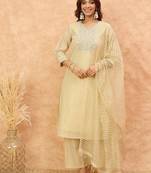 Floral Yoke Design Zari Details Straight Kurta With Trousers & Dupatta