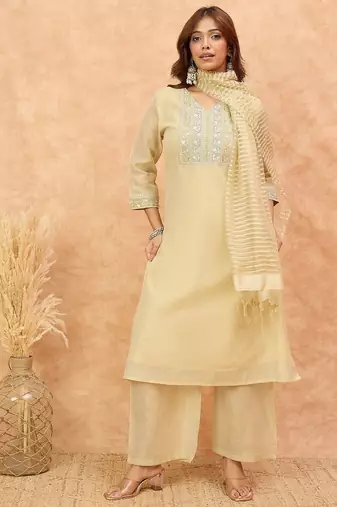 Floral Yoke Design Zari Details Straight Kurta With Trousers & Dupatta