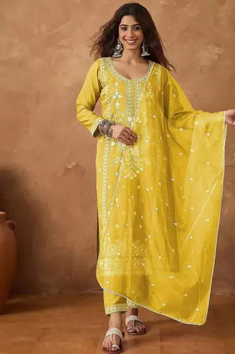 Floral Embroidered Thread Work Kurta With Trousers & Dupatta