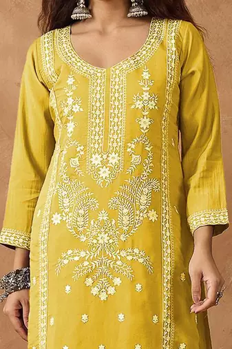 Floral Embroidered Thread Work Kurta With Trousers & Dupatta