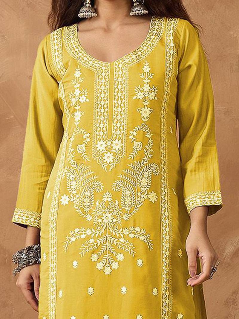 Floral Embroidered Thread Work Kurta With Trousers & Dupatta