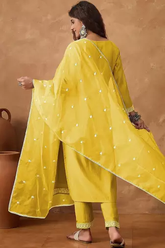 Floral Embroidered Thread Work Kurta With Trousers & Dupatta