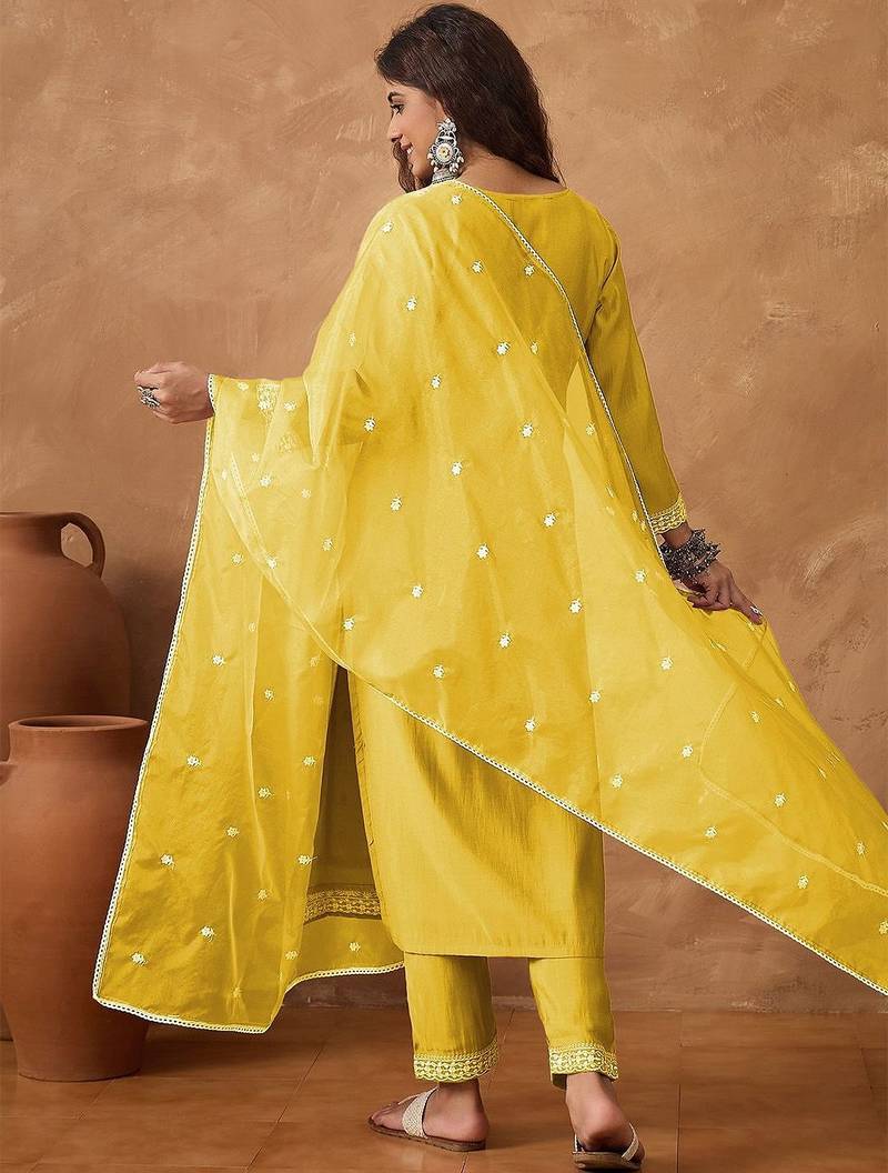Floral Embroidered Thread Work Kurta With Trousers & Dupatta