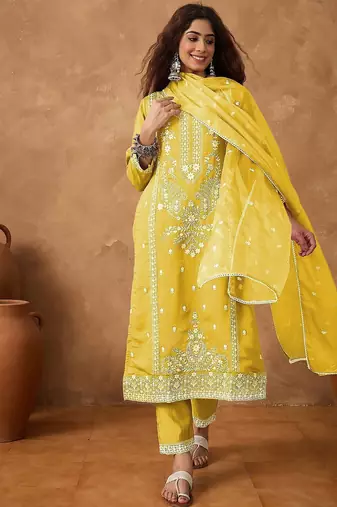 Floral Embroidered Thread Work Kurta With Trousers & Dupatta