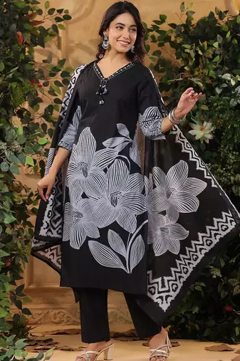 Floral Printed V-Neck Pure Cotton Kurta With Trousers & Dupatta
