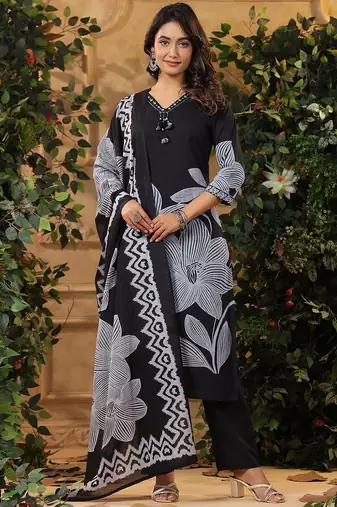 Floral Printed V-Neck Pure Cotton Kurta With Trousers & Dupatta