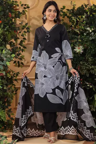 Floral Printed V-Neck Pure Cotton Kurta With Trousers & Dupatta