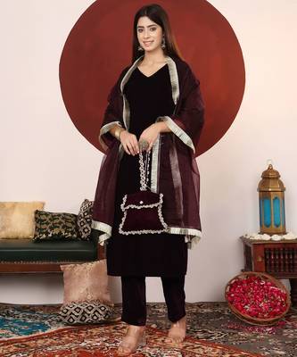 Velvet V-Neck Straight Kurta With Trousers And Dupatta 1